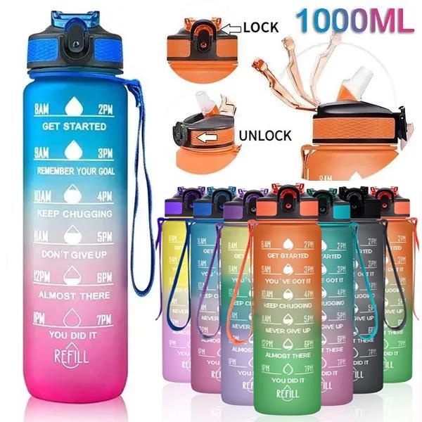 Smart Water Bottle Tracker - 빨대와 시간 표시가있는 1L 스포츠 물병